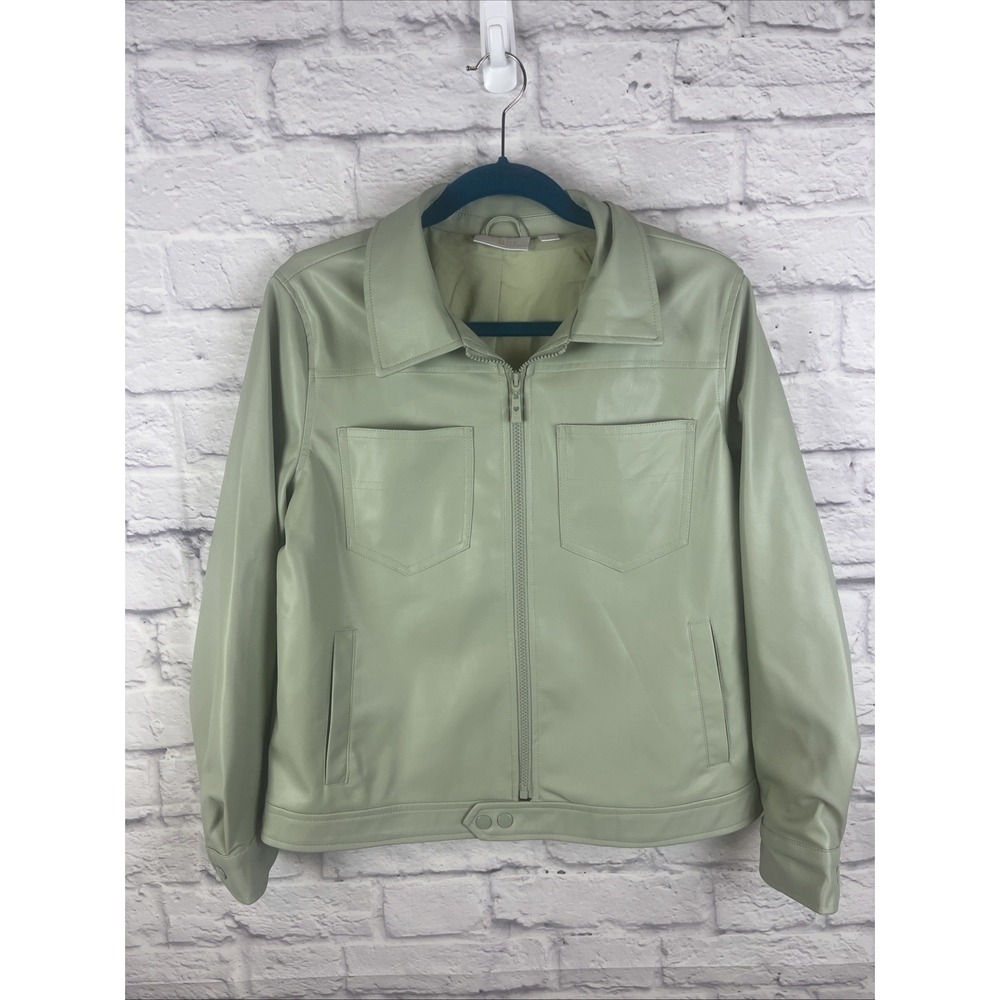 Belle By Kim Gravel Quiet Luxury Feminine Sage Faux Leather Jacket  Size Med